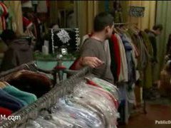 a gorgeous busty blonde gangbanged in a shop