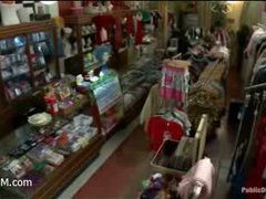 a gorgeous busty blonde gangbanged in a shop
