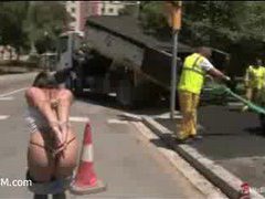 A beautiful girlie gets fucked in every hole in public