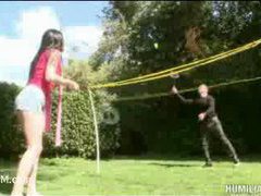 A hot teen sucks the cum out of her boyfriend for losing in badminton