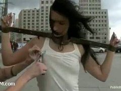 Stunning euro slut gets suspended from the bridge for everyone to see