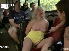 A blonde slut humiliatingly butt fucked on a public city bus