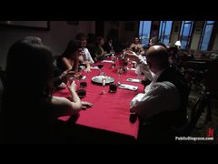 A busty slave girl pleasuring perverted guests at the dinner party