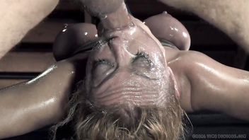 Tainting busty blonde's face with loads of sticky saliva after rough deepthroating